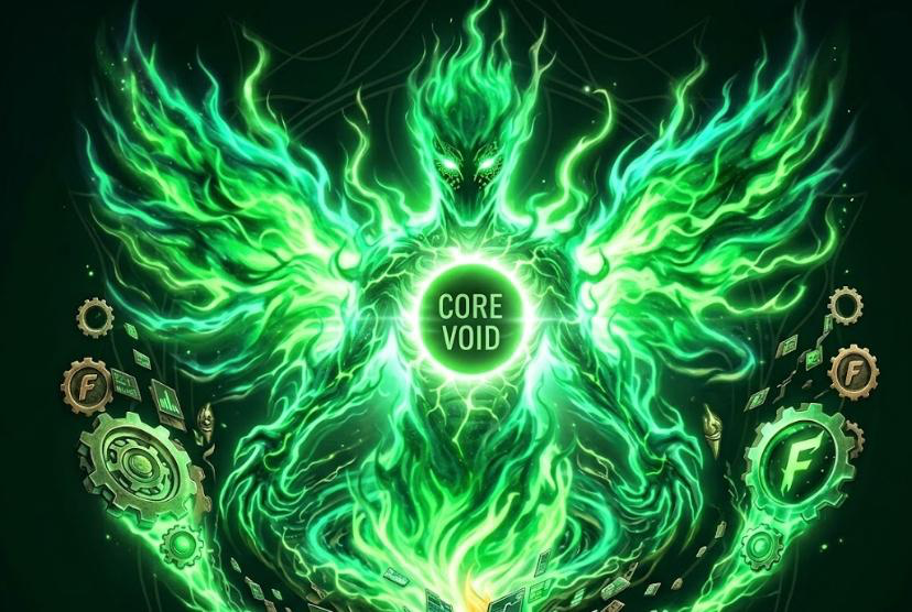 Core Void: a figure of green flame with wings of fire, built around a dark core, drawing burnt coins and gears into itself.